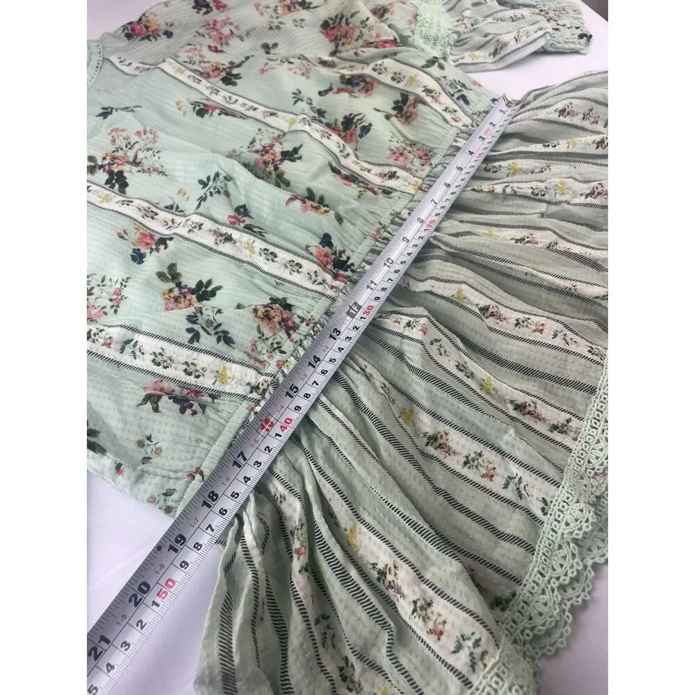 ~ Anthropologie XL Hemant & Nandita Blouse Floral Mint Lace Aqua Green Elastic - Picture 7 of 16